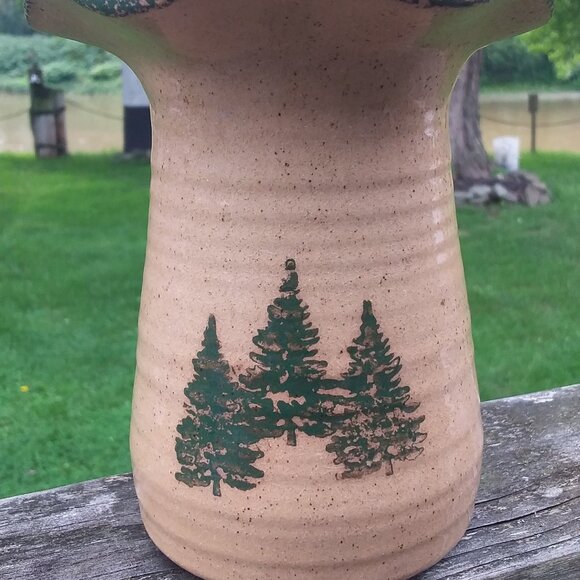 2002 Zanesville Ohio Pottery Stoneware Ruffled Rustic vase  spongeware trees 6" - Picture 9 of 10